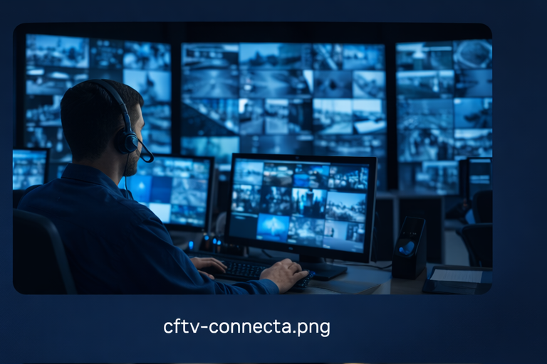 Central de monitoramento com câmeras IP e telas de CFTV