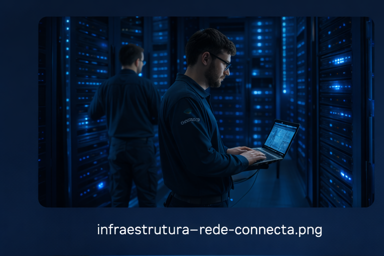 Profissionais de TI em data center com racks e infraestrutura de rede