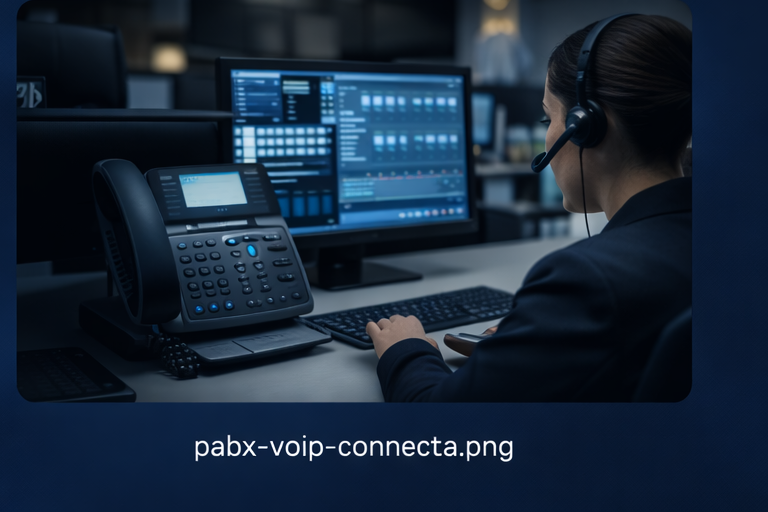 Equipe em ambiente corporativo utilizando telefonia IP e PABX VOIP